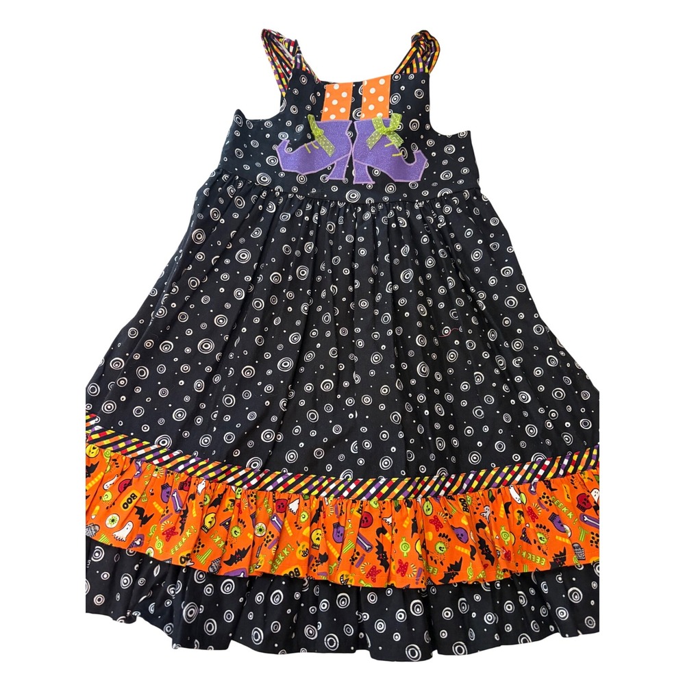 Halloween Applique Witch Shoes Ruffle Jumper Dress Black Orange Festival Fall